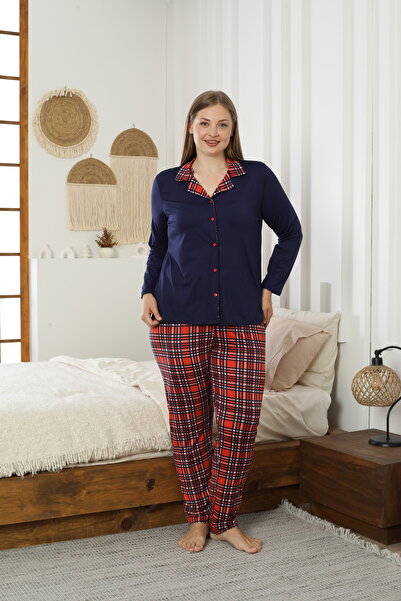 Siyah İnci Navy Blue Patterned Large Size Battal Size Shirt Collar Buttoned Milan Knitted Pajamas Suit25224308