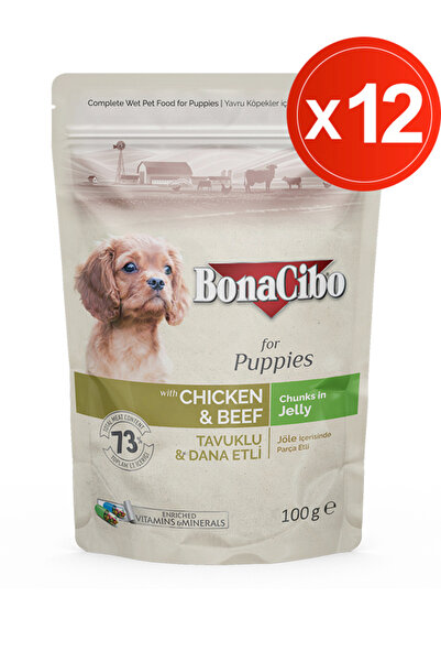 BonaCibo Jöleli Tavuklu Dana Etli Yaş Yavru Köpek Maması, 100 Gr x 12 Adet, T...