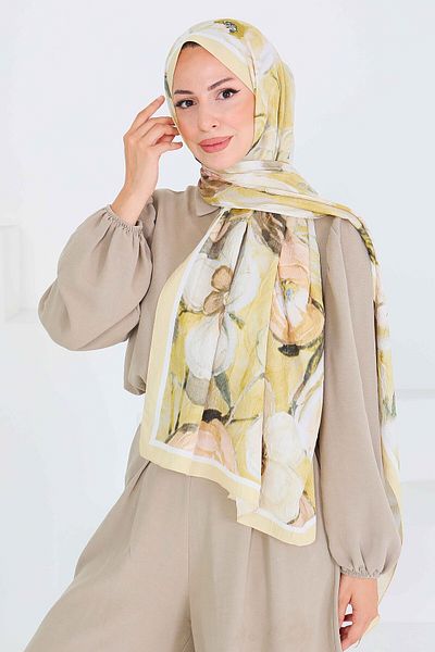 TOFİSA Patterned Bamboo Square Shawl Oil Green - 27523