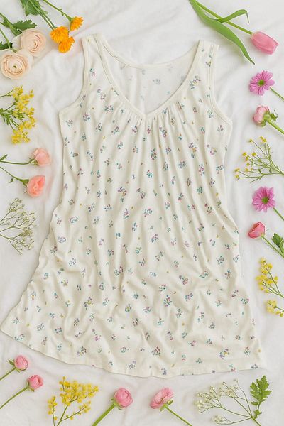 enmodaiçgiyim Ecru 100% Cotton Viscose Women's Nightgown – Floral Pattern, V-Neck, Lace Detail, Stretchy Summer Home Wear