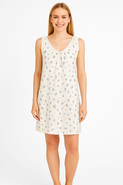 enmodaiçgiyim Ecru 100% Cotton Viscose Women's Nightgown – Floral Pattern, V-Neck, Lace Detail, Stretchy Summer Home Wear