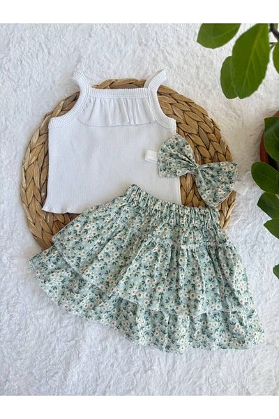 AKİF GİYİM Girl's Floral Flower Patterned Ruffle Skirt Bluz Bandana Set