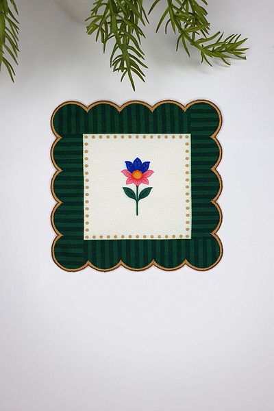 decofav Green Striped Colorful Flower Patterned Embroidery Edge Cocktail Napkin 1 Piece