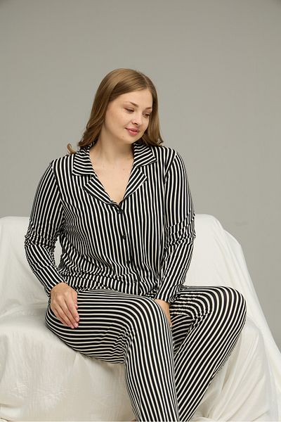 Siyah İnci Black Patterned Large Size Oversized Shirt Collar Button Milan Knitted Pajamas Suit25224328