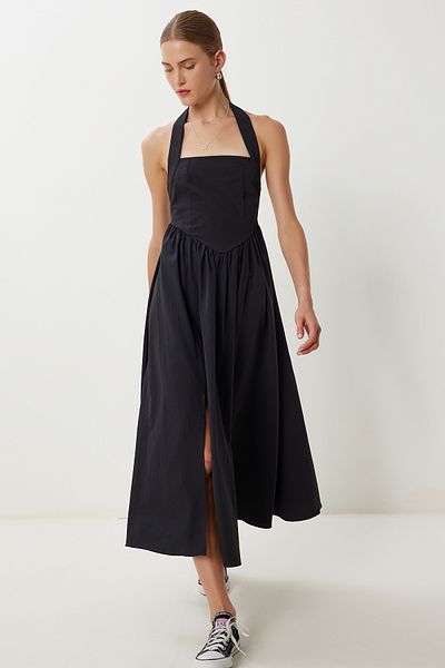 Lovelyİstanbul Thick Strap Midi Poplin Dress Lub0207 Black