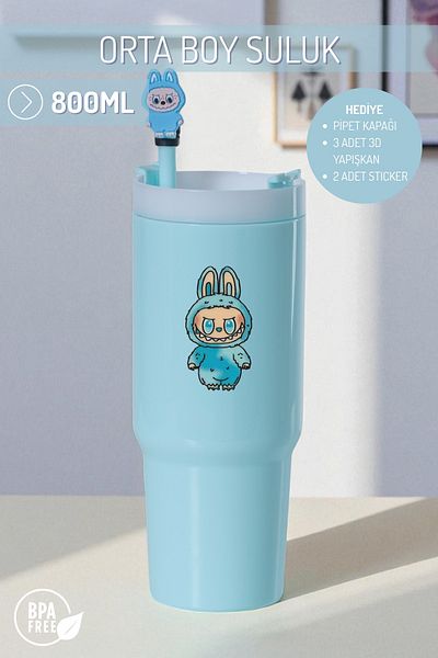 Nandy Home Labubulu Themed Medium Size Colorful Water Bottle, 800ml. – Pipette Cover, 3D Adhesive and Label Gift