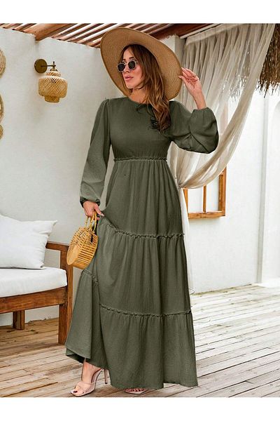 BLUSS Women's Khaki Long Sleeve Layered Summer Bohemian Maxi Dress