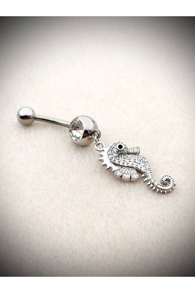 Siya Silver Zircon Stone Steel Hanging Sea Horse Belly Piercing - 5 cm