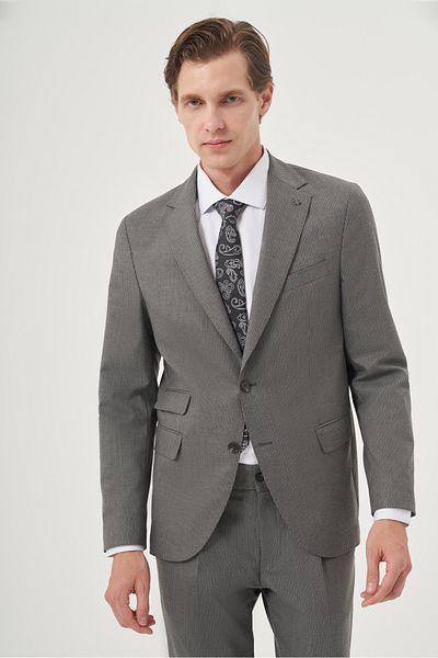 Morven Men's Smoked Polyviscon Trend Striped Slim Fit Mono Collar Double Flap Pocket Suit