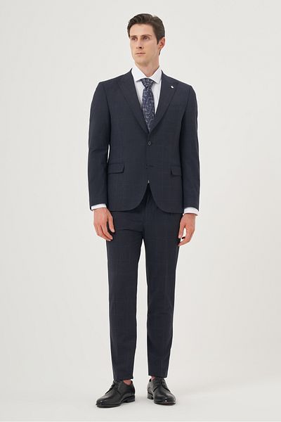 Morven Men's Navy Blue Woolen Trend Plaid Slim Fit Pointed Collar Suit