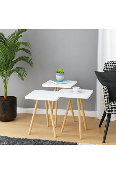 PEKA Zigon Sehpa Doğal Ahşap Ayaklı 3’lü Set Kare