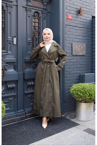 Hb Harma Time Butik Women's Belted Double Button Lined Bondit Khaki Trench Coat