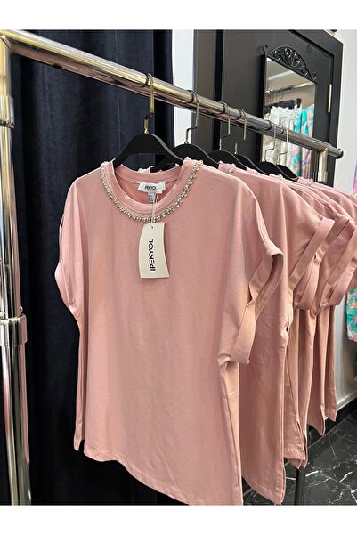 Butik yakada taş detay tshirt pudra pembesi