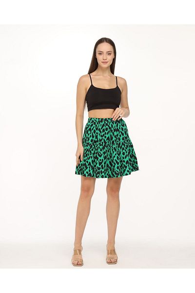 BNZ TEKSTİL Green Leopard Pattern Viscose Fabric Short Short Skirt