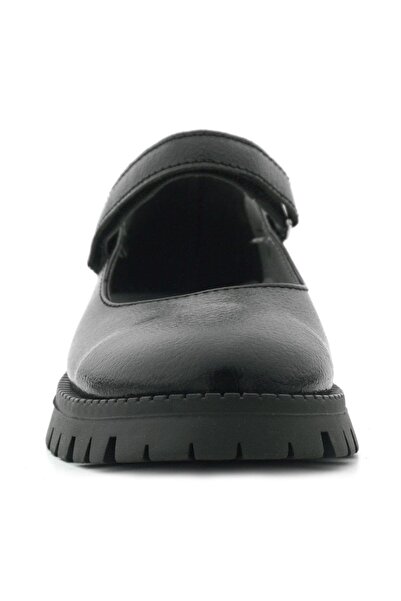 Rakerplus Black Wrinkled Patent Leather Velcro Thick Soled Girls' School Shoes
