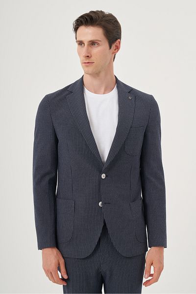 Morven Men's Navy Blue Polyviscon Trend Striped Slim Fit Mono Collar Suit