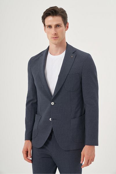 Morven Men's Navy Blue Polyviscon Trend Striped Slim Fit Mono Collar Suit