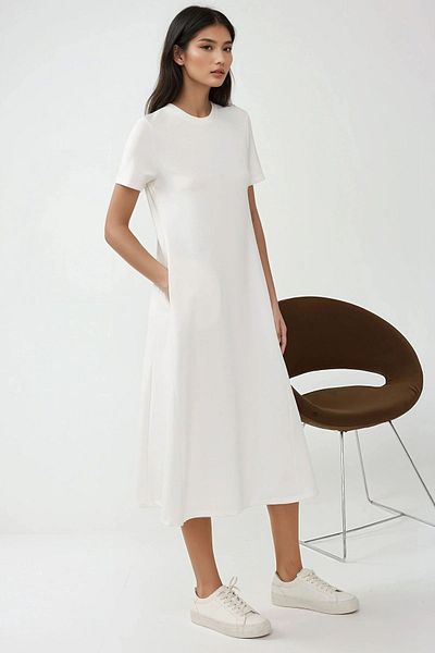 Hiccup Round Neck Short Sleeve Basic Midi Dress