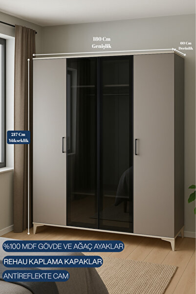 arionkids Deniz 4 Kapaklı Çekmeceli MDF Dolap | REHAU Kaplama Kapaklar | Ağaç Ayaklar | Antireflekte Camlar