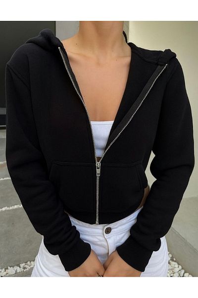 DEZZİİ Black Zippered Hooded Crop Sweat Cardigan