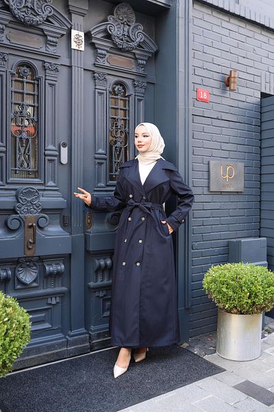 Hb Harma Time Butik Women's Belted Double Button Lined Bondit Navy Blue Trench Coat