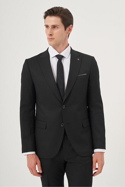 Morven Men's Black Polyviscon Basic Jacquard Slim Fit Pointed Collar Suit