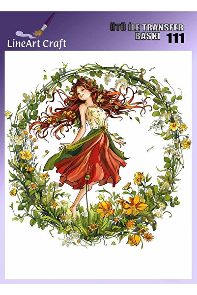 LİNEART Çiçekli Kız Desenli Ütü İle Transfer Baskı & Kumaş Transfer No:KMŞ111...