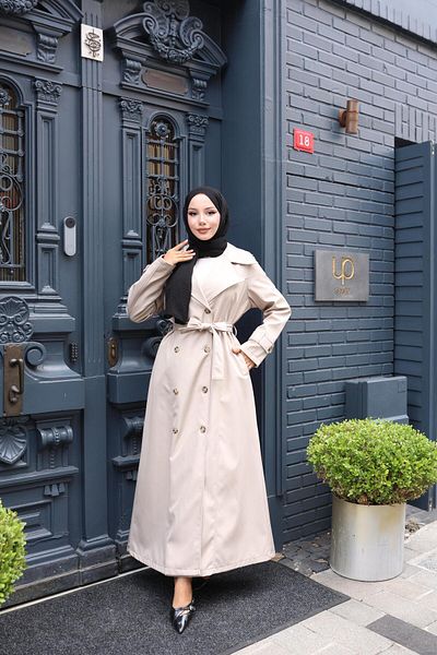 Hb Harma Time Butik Women's Belted Double Button Lined Bondit Mink Trench Coat