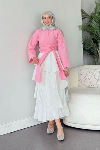 GALAVİP Women's Spanish Sleeve Waist Tie Shirt Suitable for Hijab Pink