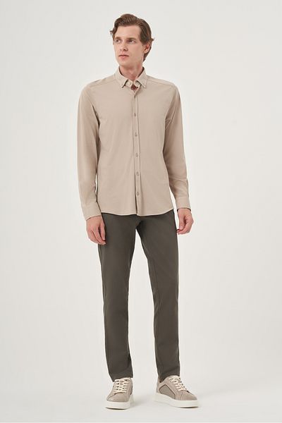 Morven Men's Beige Knitted Slim Fit Button Collar Shirt