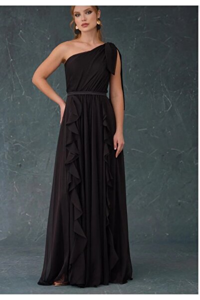 Carmen Siyah Şifon Tek Omuzlu Uzun Abiye Elbise
