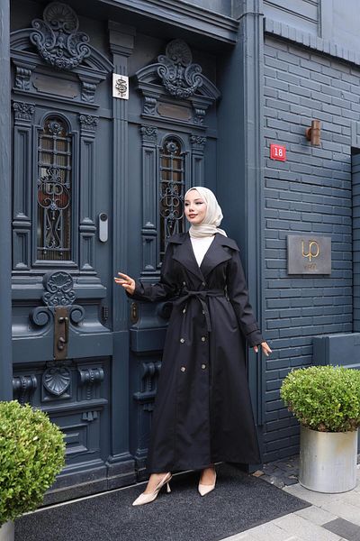 Hb Harma Time Butik Women's Belted Double Button Lined Bondit Black Trench Coat