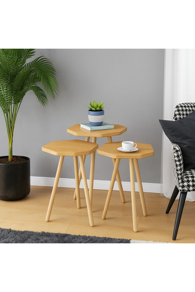 PEKA Zigon Sehpa Doğal Ahşap Ayaklı 3’lü Set Altıgen