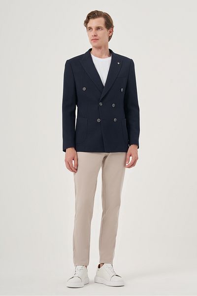 Morven Men's Navy Blue Polyviscon Double Breasted Patterned Slim Fit Pointed Collar Jacket
