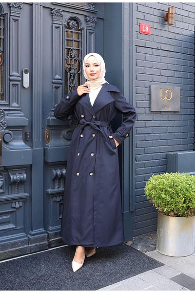 Hb Harma Time Butik Women's Belted Double Button Lined Bondit Navy Blue Trench Coat