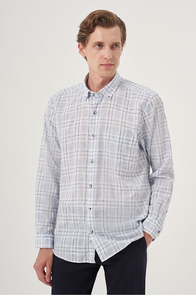 Morven Men's Navy Blue Linen Trend Regular Fit Buttoned Collar Shirt