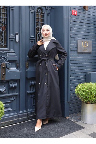 Hb Harma Time Butik Women's Belted Double Button Lined Bondit Black Trench Coat