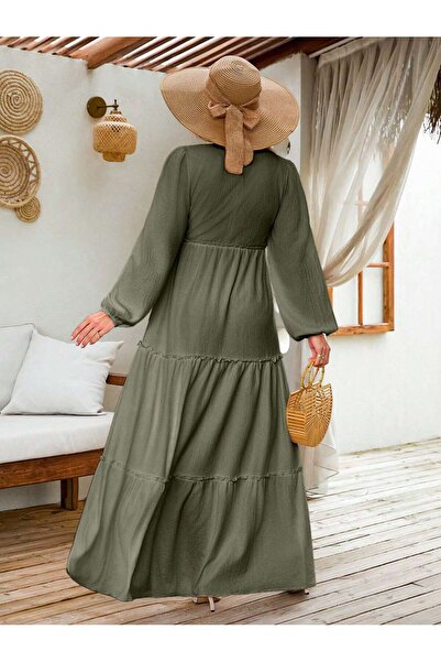 BLUSS Women's Khaki Long Sleeve Layered Summer Bohemian Maxi Dress