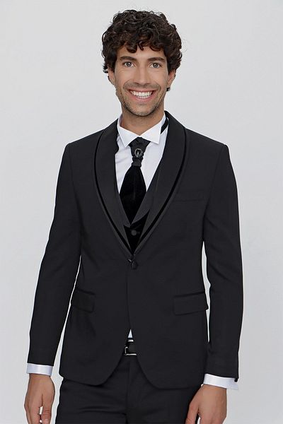 Morven Men's Black Korean Imported Up-Do Collar Groom's Tuxedo