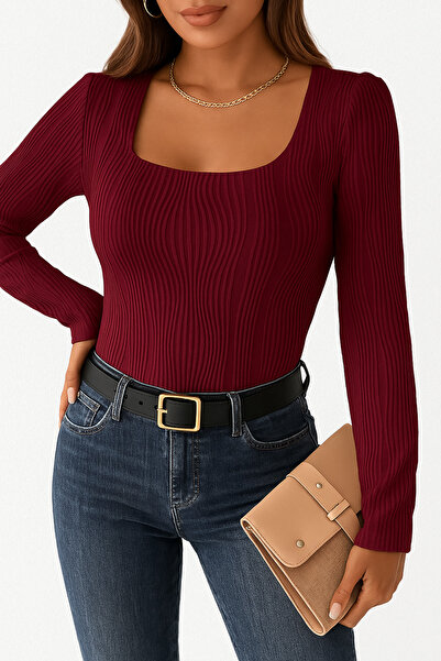 Wild Flower Vínová elastická bílá halenka Vysoký pas Dlouhý rukáv Čtvercový výstřih Pletená látka Jarní Podzim Zimní halenka