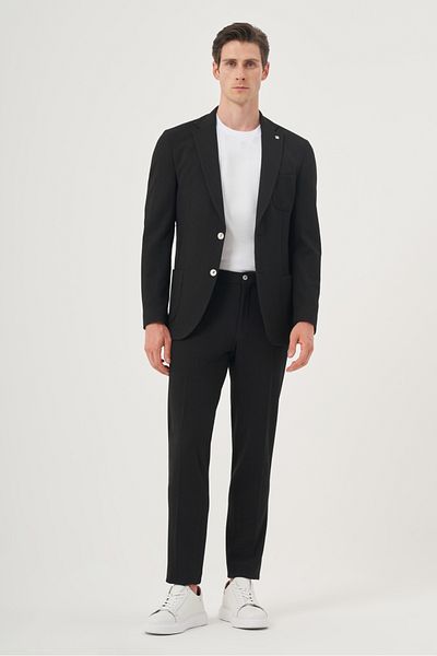 Morven Men's Black Polyviscon Trend Striped Slim Fit Mono Collar Suit