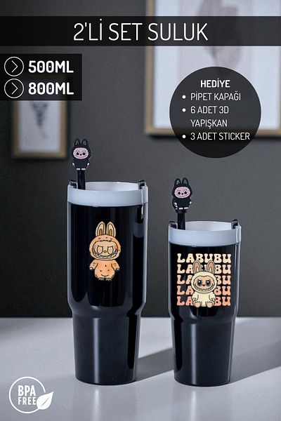 Nandy Home Labubu Themed Set of 2 Colorful Water Bottles, 500ml. And 800ml. - Pipette Cover, 3D Sticky and Label Gift