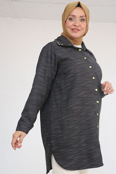 Eslina 58094 large size buttoned collar detailed tunic - black striped