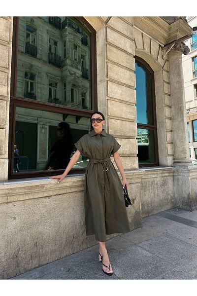 AlisaSu Short Sleeve Poplin Fabric Belted Shirt Dress