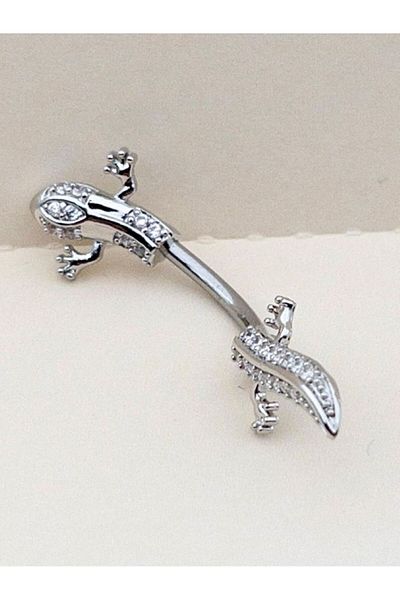 Siya Silver Zircon Stone Steel Lizard Figured Navel Piercing - 3.5 cm