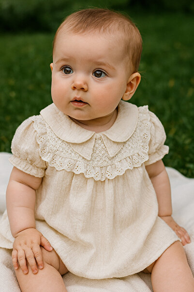 Uğur bebe Baby Girls 100% Cotton Lace Collar Summer Dress Breathable Fabric, Natural Linen Appearance