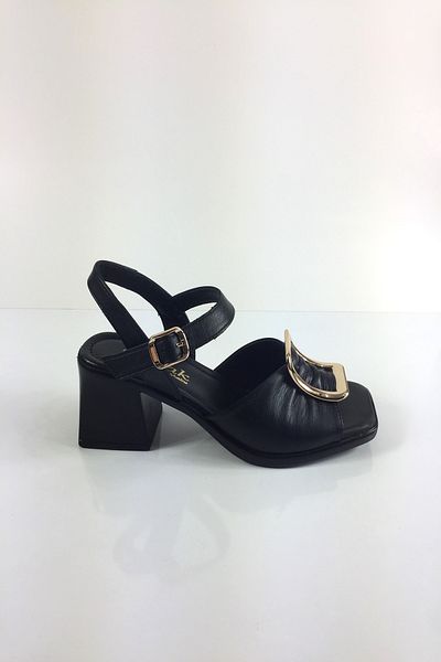 Tabak Deri Genuine Leather Large Gold Buckle Detailed Summer Heeled Sandals - Black