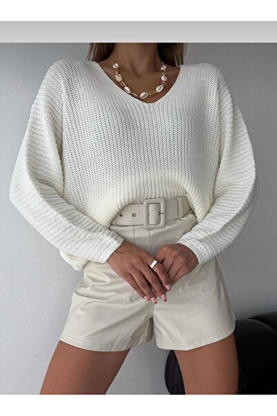 SLAW REZZ Kadın V Yaka Triko Kazak Selanik Örgü Oversize Triko Kazak