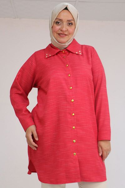 Eslina 58094 Large Size Button Collar Detailed Tunic - Red Crushed