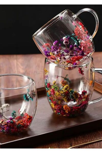 PAMPA İçi Kuru Çiçekli Cam Kupa – Çift Katmanlı Isıya Dayanıklı Şeffaf Bardak...